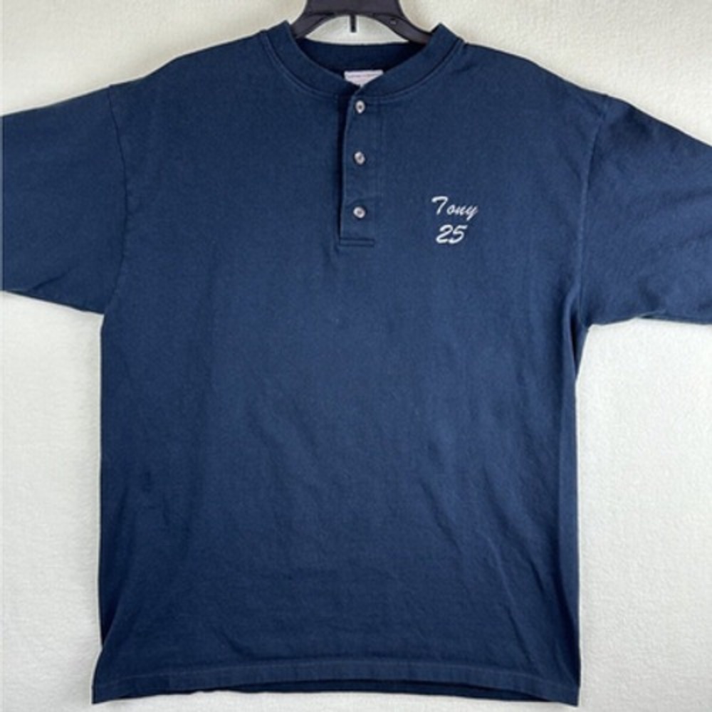 Cotton Deluxe by Anvil Mens Navy Blue Henley Shirt Tony 25 Embroidered Size L
